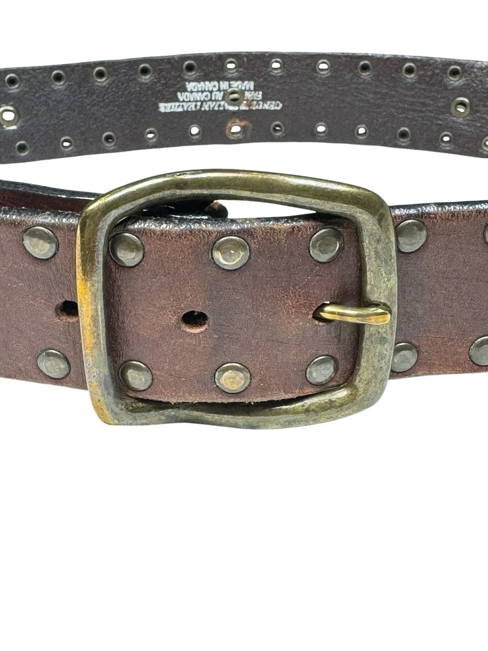 Brown Studded Italian Leather Belt Brass Buckle Handcrafted Canada 38